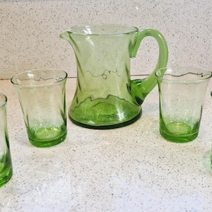 Vintage, Large Green Glass Jug, Green Glass, Tumblers, glasses, Vintage Green Glass Pitcher, Pitcher, Jug, Set, With Glasses