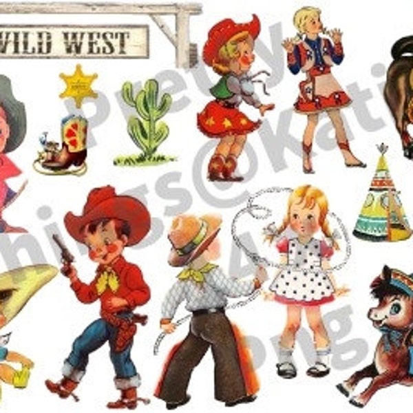 14 x Kitsch, Vintage, Clip Art, Png, Wild West, Cowboys, Cowgirls, 50's , Quirky - Printable - INSTANT DOWNLOAD