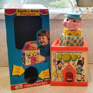 1970 fisher price jack in the box puppet Vintage Fisher Price Jack in the Box Clown - 1970s Toy With Box