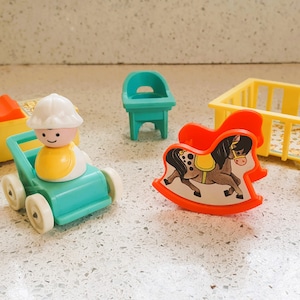Vintage Fisher Price Little People, Baby, Pram, Rocking Horse, Changing Table, High Chair, Cot and Play Pen, Nursery Furniture