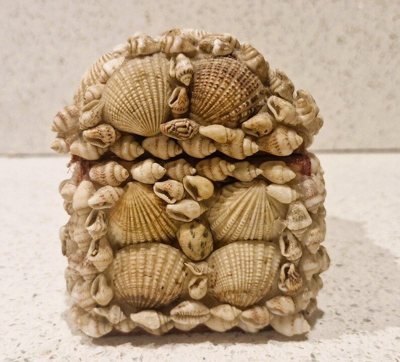 May include: A small, rectangular box adorned with a variety of seashells. The box is in shades of beige and tan, with a curved lid. The seashells are of different sizes and shapes, creating a textured surface. The box appears handmade and is likely for storage or decoration.