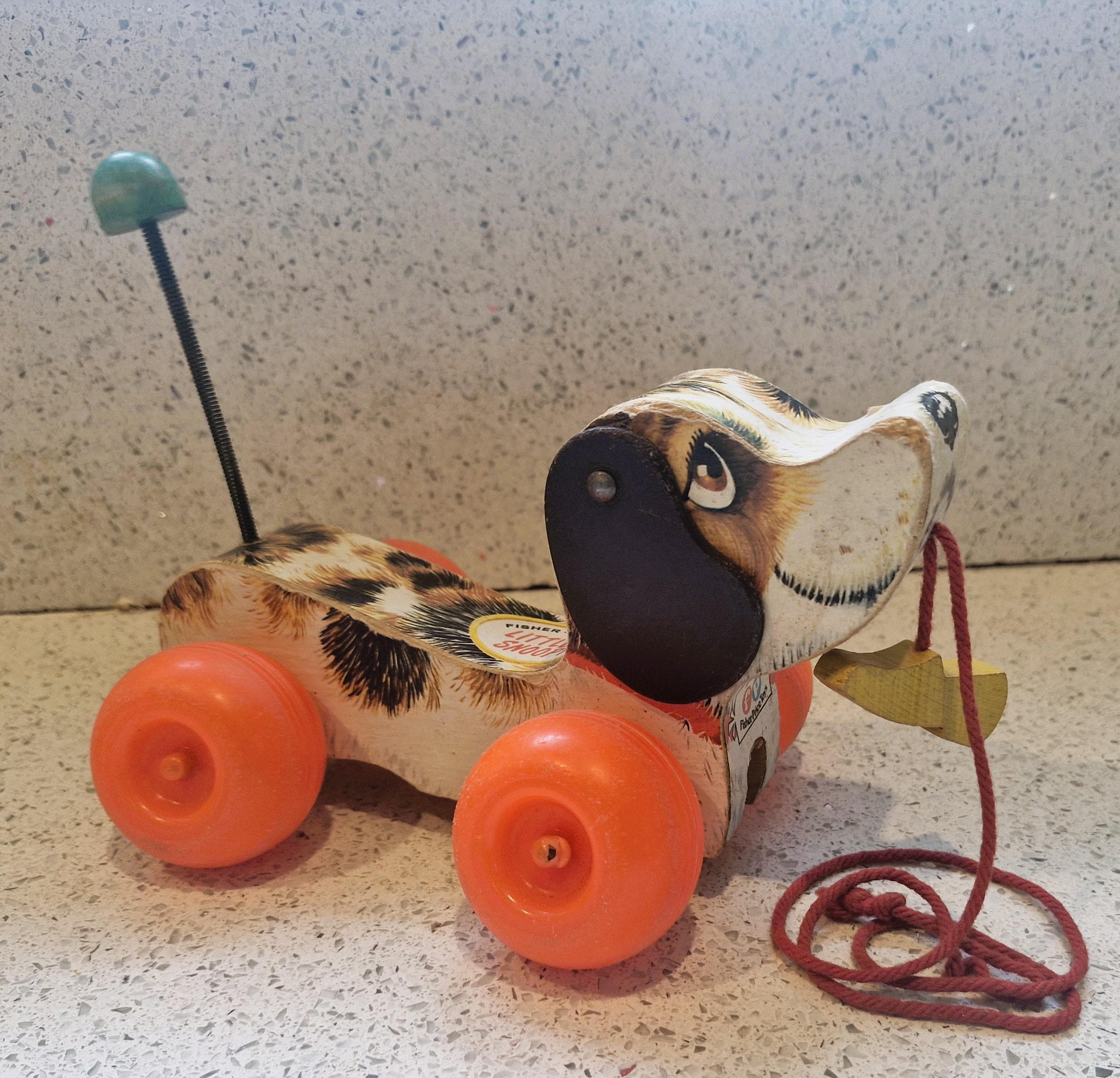 Vintage Fisher Price Snoopy Pull Toy: 1960s Wooden Dog, Original