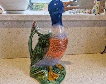 Brocca vintage a forma di anatra in maiolica: vaso decorativo per fiori, 13,5 pollici