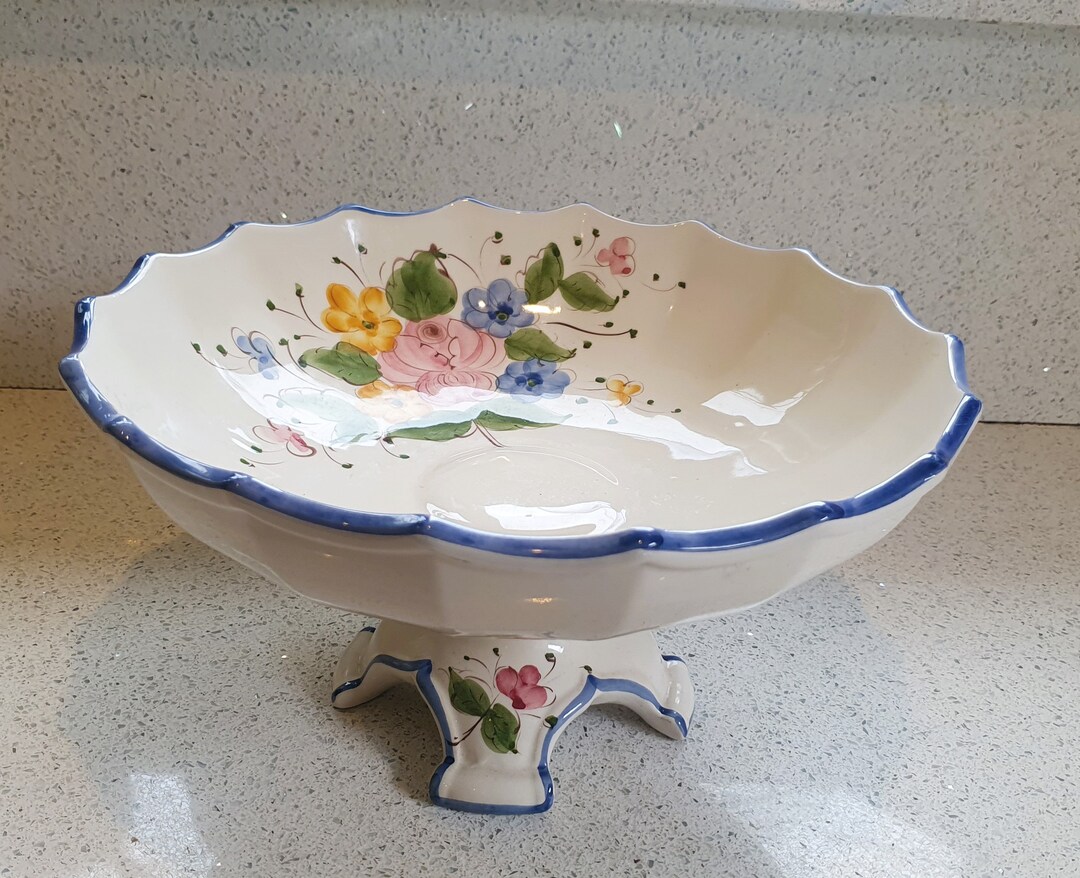 Vintage French Ceramic Compote: Hand-painted Floral Fruit Bowl, 12 Inch ...