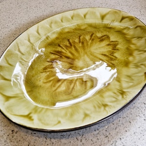 Peut inclure: Plat ovale de service avec une finition brillante. Le plat en céramique présente une palette de couleurs vert clair et marron avec un motif floral décoratif au centre. Le bord a un design festonné et une bordure marron foncé.