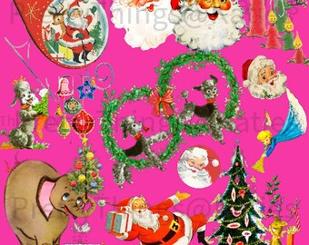 CHRISTMAS - Vintage Kitsch Clip Art, Scalable PNG Files, 50s Illustrations  - 12 x Transparent Background PNG files - Instant Download