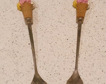 vintage, Long Ice Cream Sundae Spoons, Vintage Ice Cream Cone Handle, Knickerbockerglory spoons