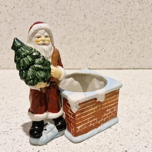 Vintage Santa Chimney Pot Planter, Santa with Christmas Tree, Hand Painted, ceramic, Christmas, Santa, Planter, Chimney, Plant pot