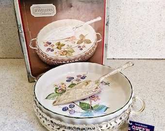 Cottage Core, Oven to Table, Quiche, Pie DIsh, Flan dish, Silver Plated Server, English