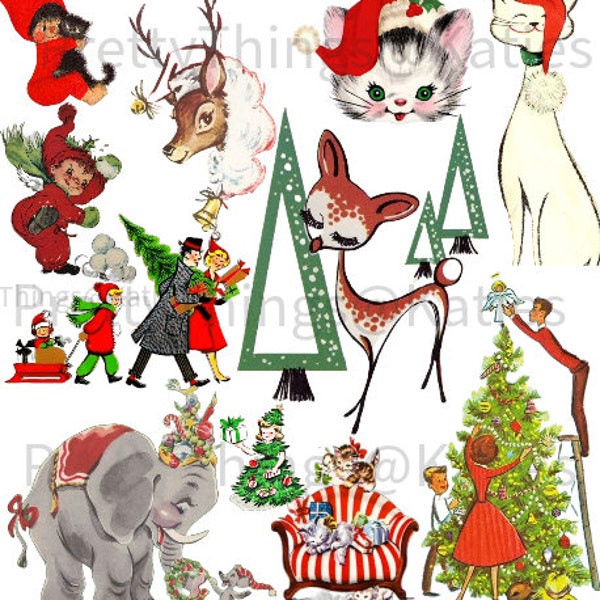 CHRISTMAS - Vintage Kitsch Clip Art, Scalable PNG Files, 50s Illustrations  - 11 x Transparent Background PNG files - Instant Download