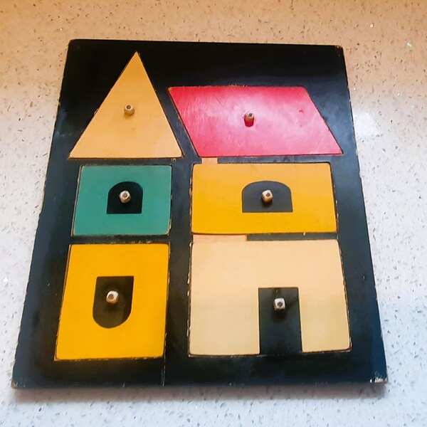 Vintage Mid Contrary, 1950s Geometric Shapes, Peg Board Puzzle,