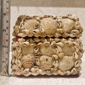 May include: A rectangular jewellery box, approximately 10 cm long, covered in various seashells. The box is beige and tan, with a red interior. The lid and sides are adorned with different sizes and shapes of shells.