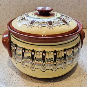 May include: A ceramic cooking pot with a lid. The pot is cream-colored with brown accents and a decorative pattern of wavy lines in various colors. It has two brown handles and a brown knob on the lid. The pot is likely used for cooking and serving food.