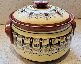Large Hand Thrown Hand Painted Terracotta Casserole Dish with Lid, Folksey Artsy Brown Yellow