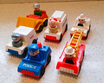 Fisher Price vehicles, fisher Price Little People, Police Car, Mail Van, Fire engine, Digger, Ambulance, Fireman, Vintage Fisher Price Toys