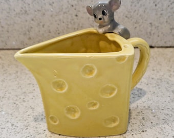 Vintage Ceramic Mouse on Rim Milk Jug, Swiss Cheese Design Creamer