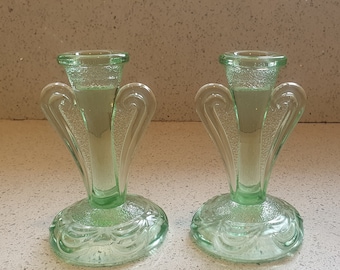 Vintage Bagley & Co. Green Glass Candlestick Pair: 1930s Rutland Pattern