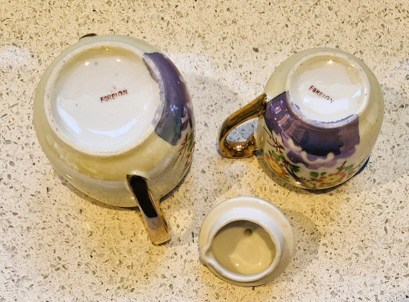 ヴィンテージの日本製シュガーボウル＆クリーマーセット：手描きの鳥の