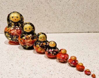 Hand Painted Nesting Dolls Set, Unique Russian Matryoshka, Set of 9