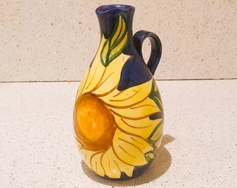 ヴィンテージ イタリア製 陶器 手描き ピッチャー 水差し 花瓶 青と