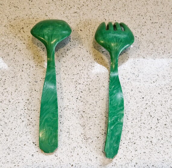 Vintage Bakelite Plastic Salad Servers, Set, Pair, Mottled Green