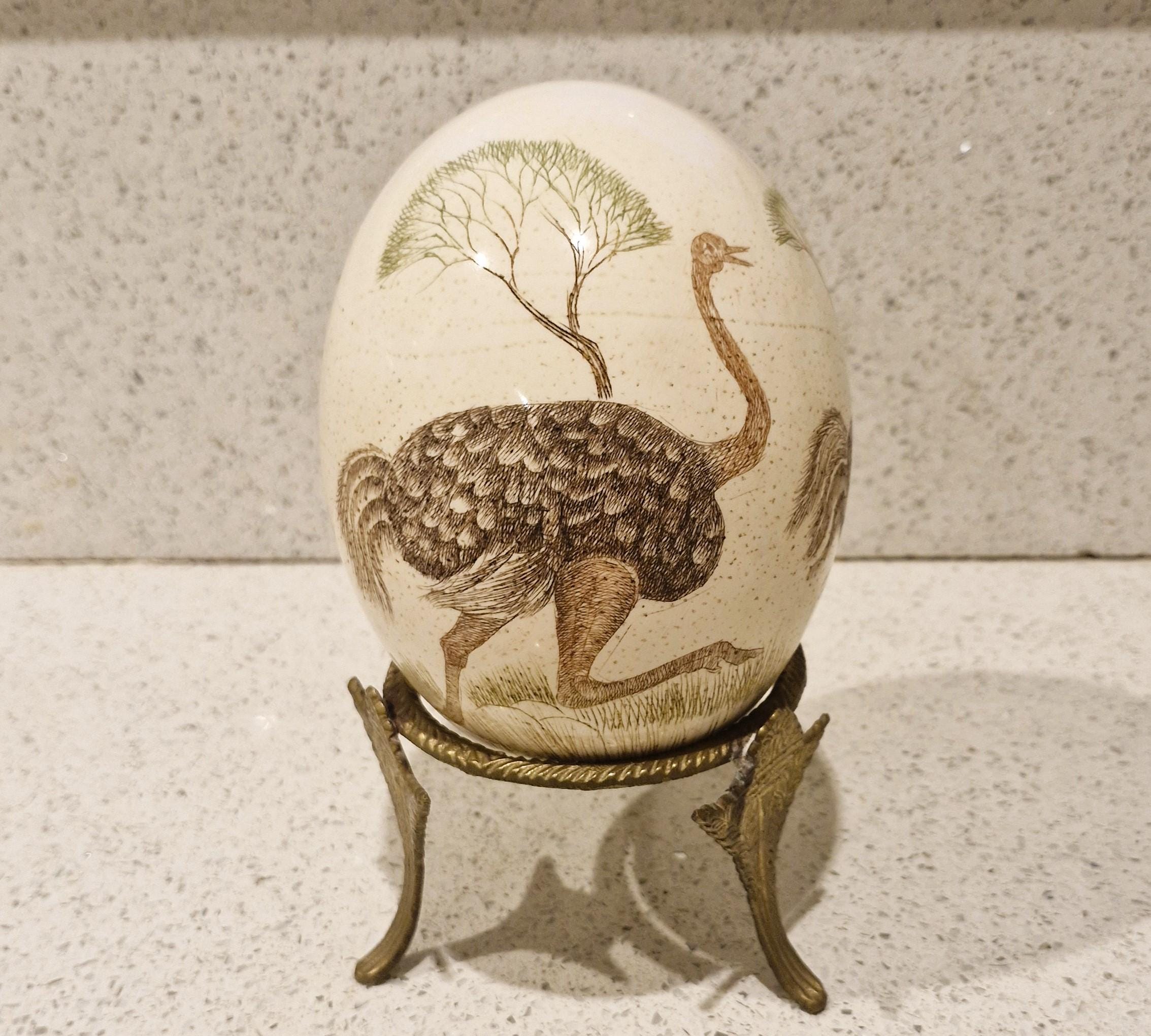 Vintage, Hand Painted, Ostrich Egg, Ornament, Ceramic, With Stand