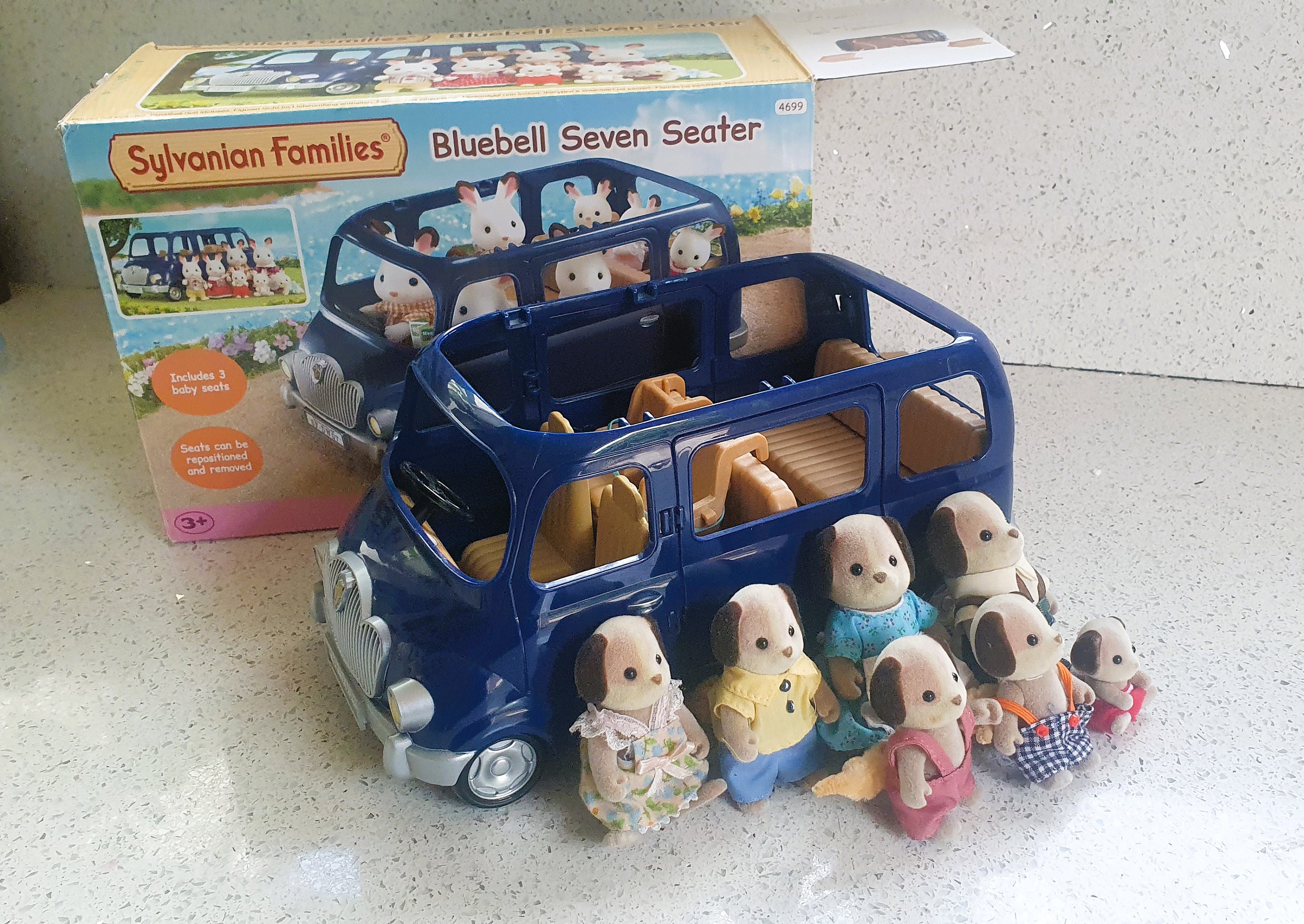 Vintage Sylvanian Families Beagle Dog Family and 7 Seater Blue Car