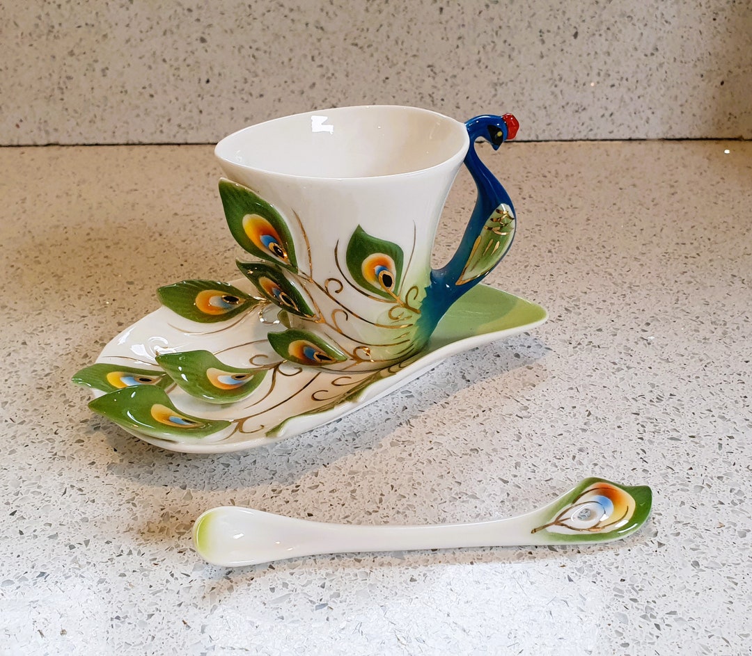 Peacock Cup and Saucer With Ceramic Peacock Feather Spoon, - Etsy