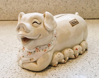 Hucha Fitz & Floyd, cerditos, cerdo y cerditos, cerámica, impecable