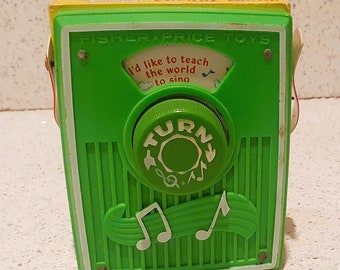 Vintage Fisher Price, Wind up Radio Music Box; Vintage Toy, Pretend Play, 1970s, I&#39;d Like to Teach The World to Sing, John Lennon.