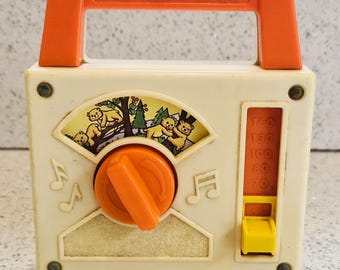 Fisher Price d&#39;epoca, radio a carica manuale; giocattolo d&#39;epoca, anni &#39;70, picnic con orsacchiotti