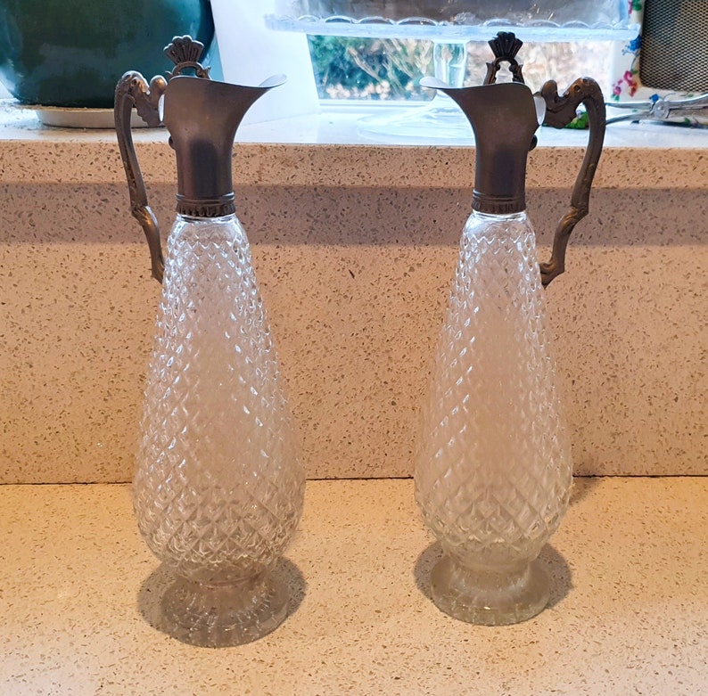 Vintage Cut Glass and Pewter Wine Decanters, With Pewter Cork Stopper, Individual or Pair