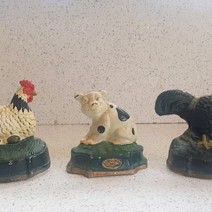 Vintage Cast Iron Animal Door Stop: Farmhouse Chicken, Cockerel, Pig
