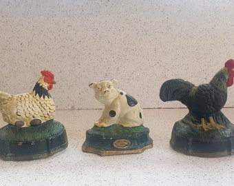 Vintage Cast Iron Animal Door Stop: Farmhouse Chicken, Cockerel, Pig