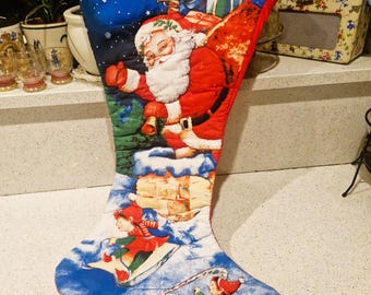 Großer Vintage Weihnachtsstrumpf, handgefertigt, Nikolaus & Elfen, gequiltet