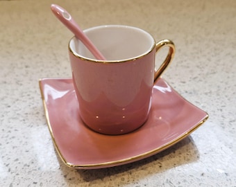 Vintage Silea Bone China Espresso Cup: Pink Harlequin with Gold Gilt