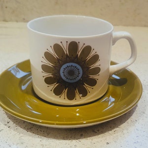Peut inclure: Une tasse à thé et une soucoupe blanches avec un motif floral brun et bleu. La soucoupe est de couleur vert foncé.
