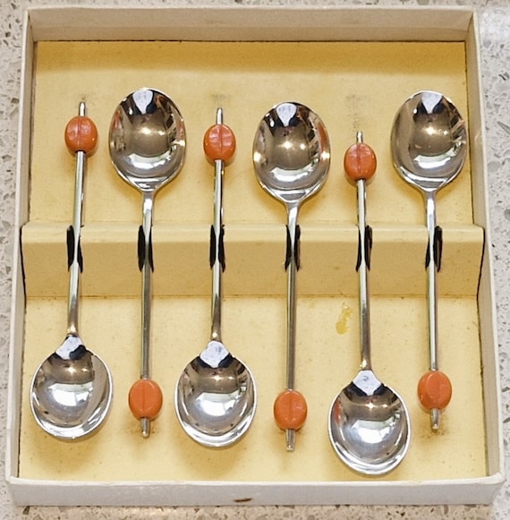 Vintage Art Deco Silver Plated Coffee Spoons - Orange Bean Design