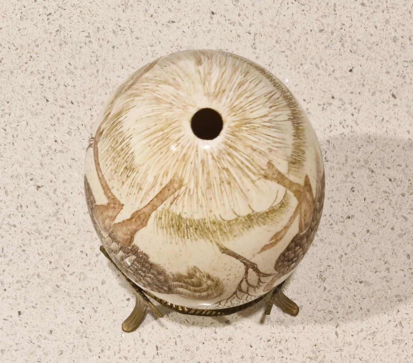 Vintage, Hand Painted, Ostrich Egg, Ornament, Ceramic, With Stand