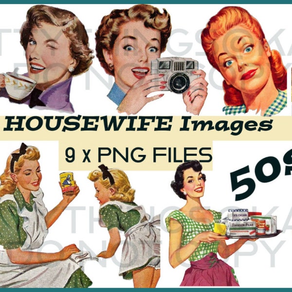 50s Women, Housewife, Vintage, 1950s, Clip Art, 50s, art, Suburbia, Transparent  Background, 9 Separate Image files, - INSTANT DOWNLOAD