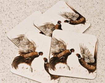 Flying Pheasant Coasters: Cork-Backed Square Drink Coasters