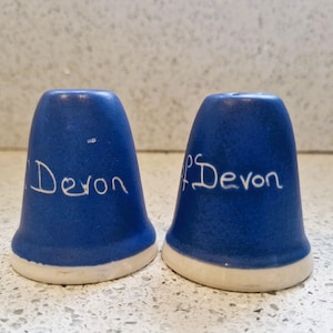 Może przedstawiać: Dwie niebieskie solniczki i pieprzniczki ceramiczne z białą podstawą. Na boku każdej z nich widnieje napis "Devon" w białym skrypcie. Solniczki i pieprzniczki stoją na nakrapianej powierzchni.