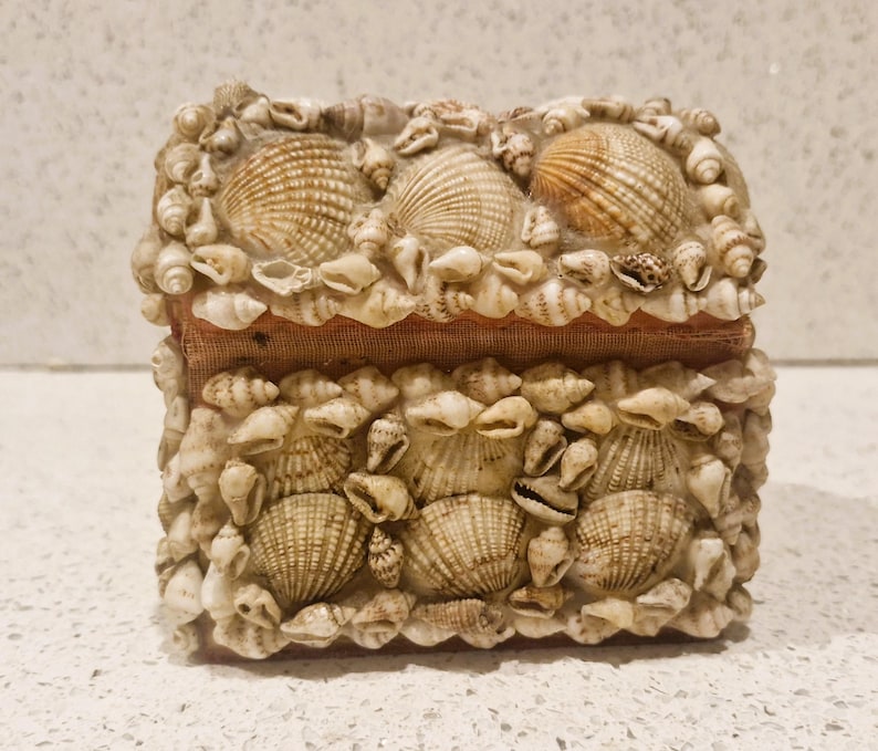 May include: A rectangular box decorated with a variety of seashells. The box is beige and tan, with larger shells on the top and front. The box has a reddish-brown fabric lining the interior. The seashells are of different sizes and shapes.