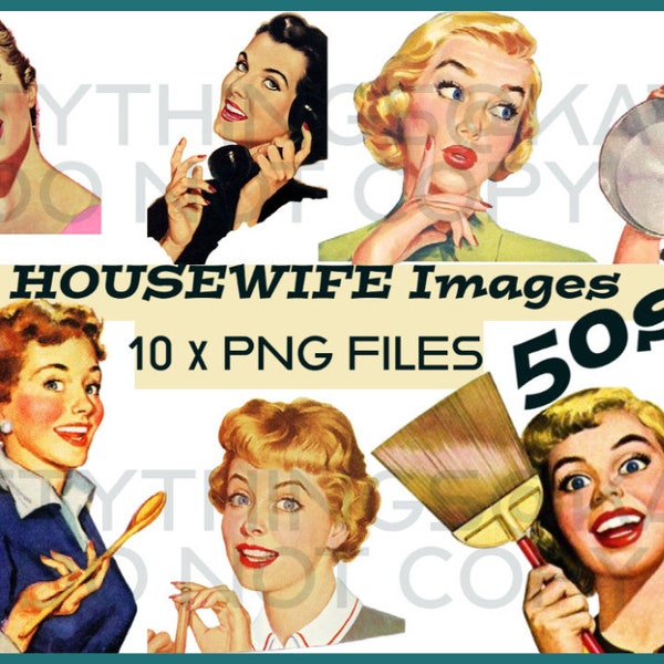 Woman, Housewife, Vintage, 1950s, Clip Art, 50s, art, Suburbia, Transparent  Background, 10 Separate Image files, - INSTANT DOWNLOAD