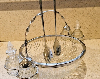Vintage Mayrell Cut Glass Salad Bowl Set, Chromium Condiment Holder, England