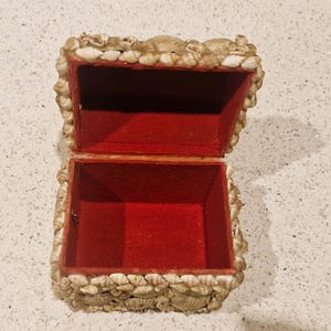 May include: A small, open treasure chest with a red velvet lining. The exterior is decorated with a multitude of seashells, forming a textured, beige border. The chest is open, displaying the red interior.
