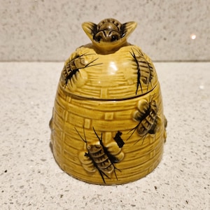 Vintage Honigtopf, mit Bienen, Mitte des Jahrhunderts, Cottage Core, (Honey Miel), Honigbienentopf der Mitte des Jahrhunderts, mit Bienen, Bienenstock-Honigtopf, Keramik