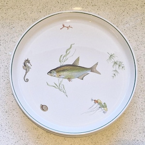 May include: A white ceramic plate with a green rim features a hand-painted design of a fish, a seahorse, a snail, and seaweed. The plate is perfect for serving a variety of dishes.