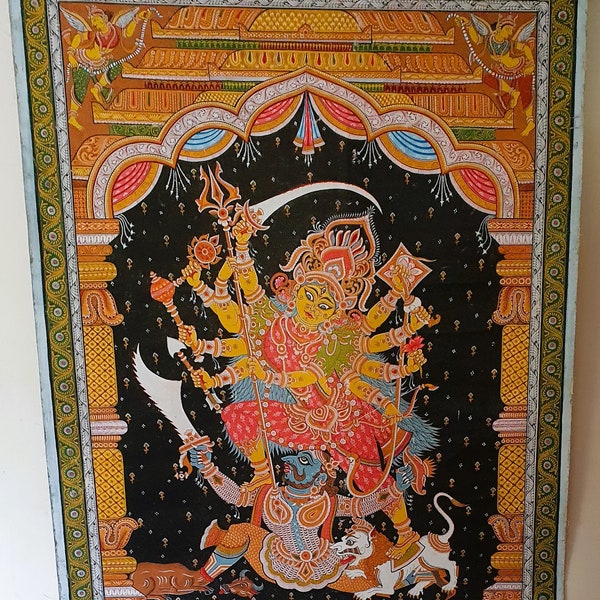 Vintage Indian Painting, Maa Durga Killing Mahishasura, pattachitra, Bengal, Odisha, Indian Art, Bengal Art, Original