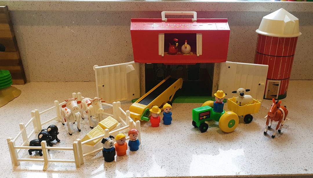 Vintage, Fisher Price Farm, Sheep, Red Roof, Moos, Barn, Hay Lift